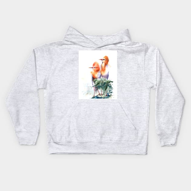 Watercolor Cattle Egret Print Kids Hoodie by PaintsPassion